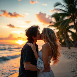 A romantic kissing scene between a couple on a picturesque beach at sunset
