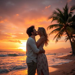 A romantic kissing scene between a couple on a picturesque beach at sunset