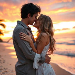 A romantic kissing scene between a couple on a picturesque beach at sunset