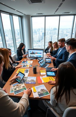 A modern real estate office filled with professionals actively engaging with clients