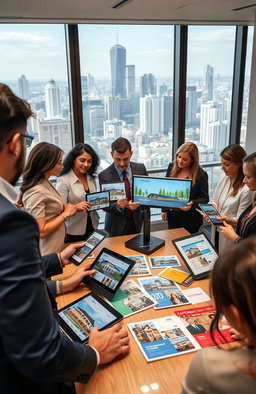 A modern real estate office filled with professionals actively engaging with clients