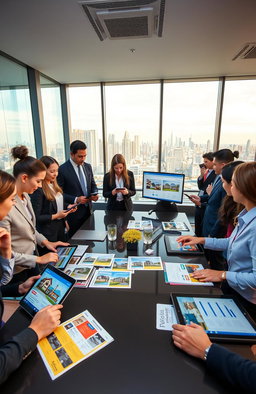 A modern real estate office filled with professionals actively engaging with clients