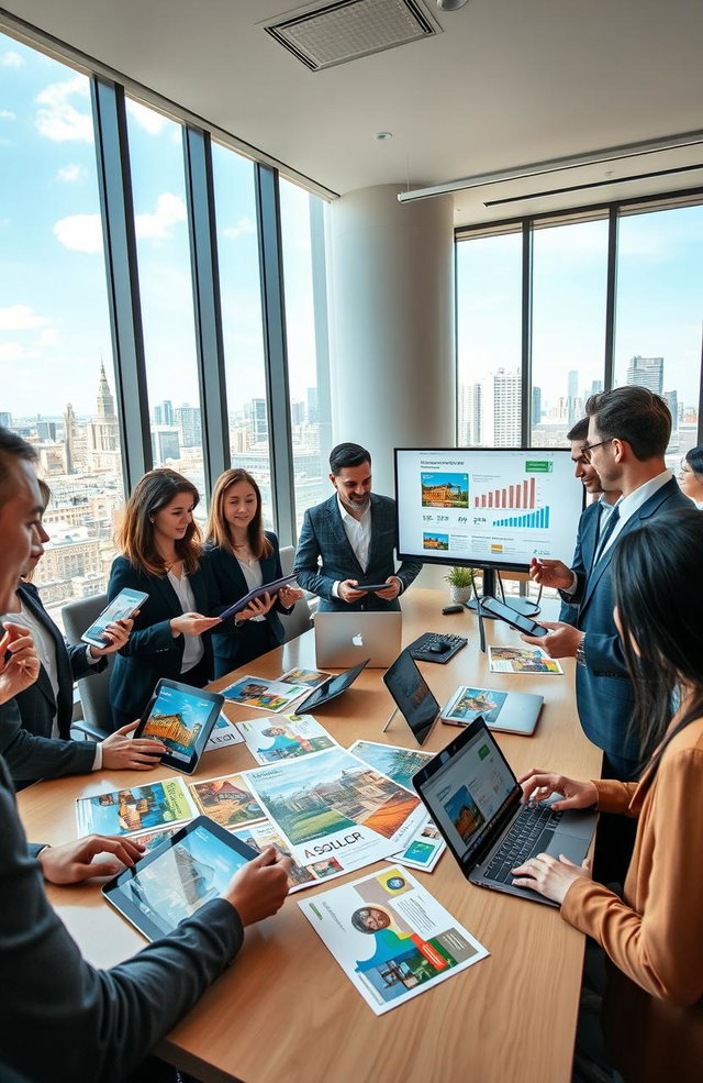 A modern real estate office filled with professionals actively engaging with clients