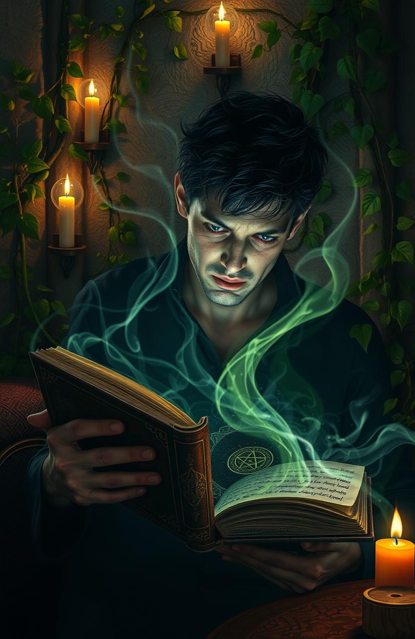 A person deeply engrossed in reading a thick, ancient book that appears to have magical properties