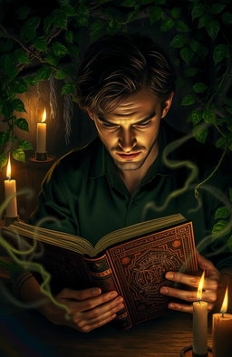 A person deeply engrossed in reading a thick, ancient book that appears to have magical properties