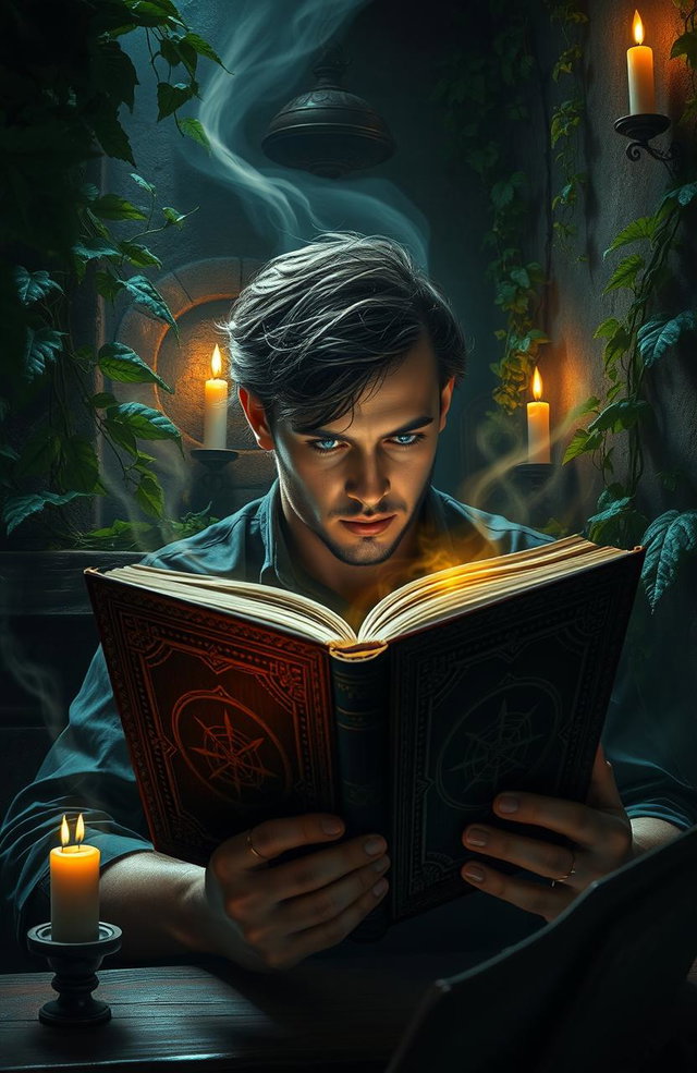 A person deeply engrossed in reading a thick, ancient book that appears to have magical properties