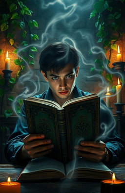A person deeply engrossed in reading a thick, ancient book that appears to have magical properties