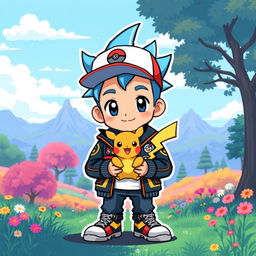 A pixel art style avatar of a young boy inspired by Pokémon, featuring bright colors and a playful design