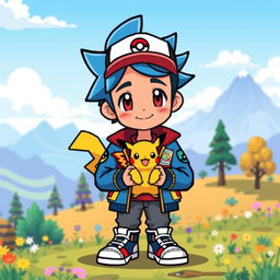 A pixel art style avatar of a young boy inspired by Pokémon, featuring bright colors and a playful design
