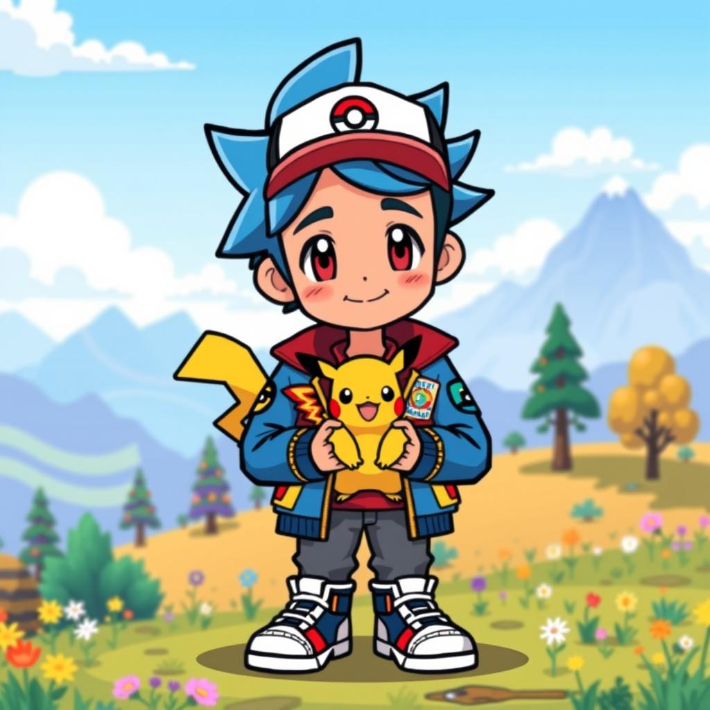 A pixel art style avatar of a young boy inspired by Pokémon, featuring bright colors and a playful design