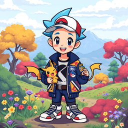 A pixel art style avatar of a young boy inspired by Pokémon, featuring bright colors and a playful design