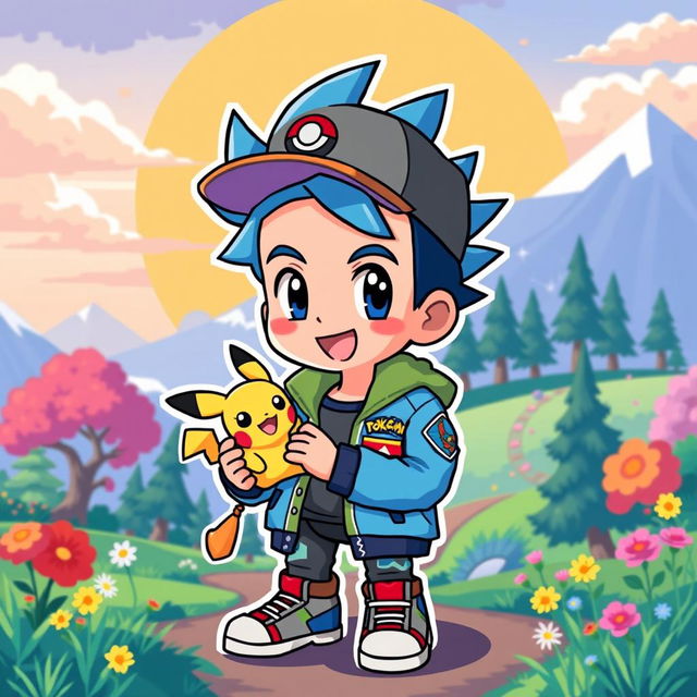A pixel art style avatar of a young boy inspired by Pokémon, featuring bright colors and a playful design