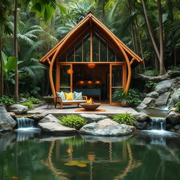 A serene jungle setting featuring a unique cabin built from bamboo and glass, inspired by the cocoon of a butterfly