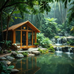 A serene jungle setting featuring a unique cabin built from bamboo and glass, inspired by the cocoon of a butterfly