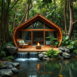 A serene jungle setting featuring a unique cabin built from bamboo and glass, inspired by the cocoon of a butterfly