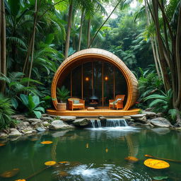 A serene jungle setting featuring a unique cabin built from bamboo and glass, inspired by the cocoon of a butterfly