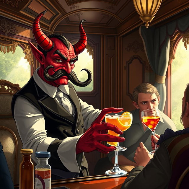 A tiefling character with vibrant red skin and curved horns, wearing a stylish bartending outfit, serving drinks on a train