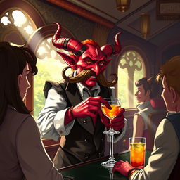 A tiefling character with vibrant red skin and curved horns, wearing a stylish bartending outfit, serving drinks on a train