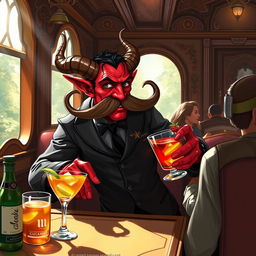 A tiefling character with vibrant red skin and curved horns, wearing a stylish bartending outfit, serving drinks on a train