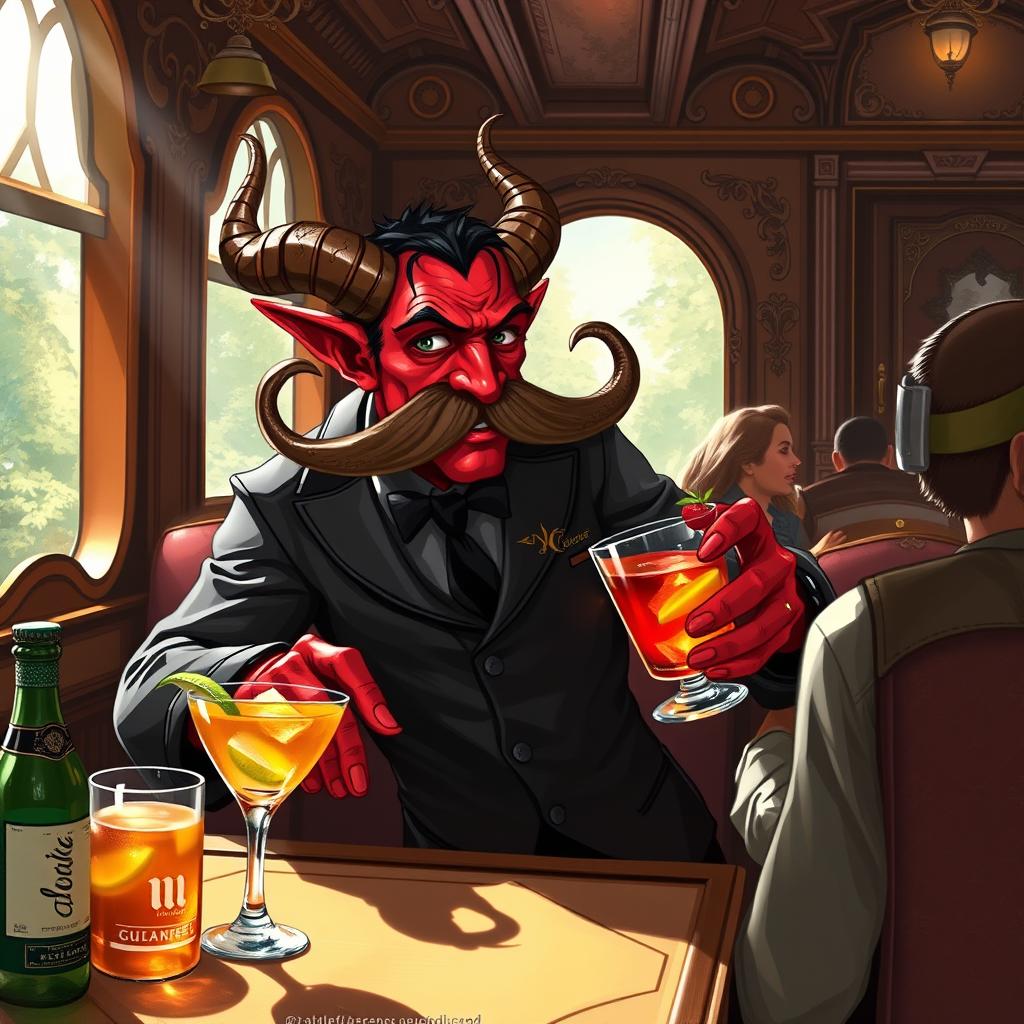 A tiefling character with vibrant red skin and curved horns, wearing a stylish bartending outfit, serving drinks on a train