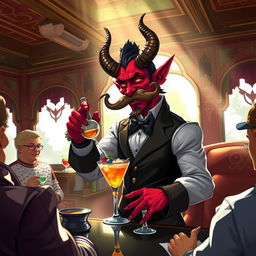 A tiefling character with vibrant red skin and curved horns, wearing a stylish bartending outfit, serving drinks on a train