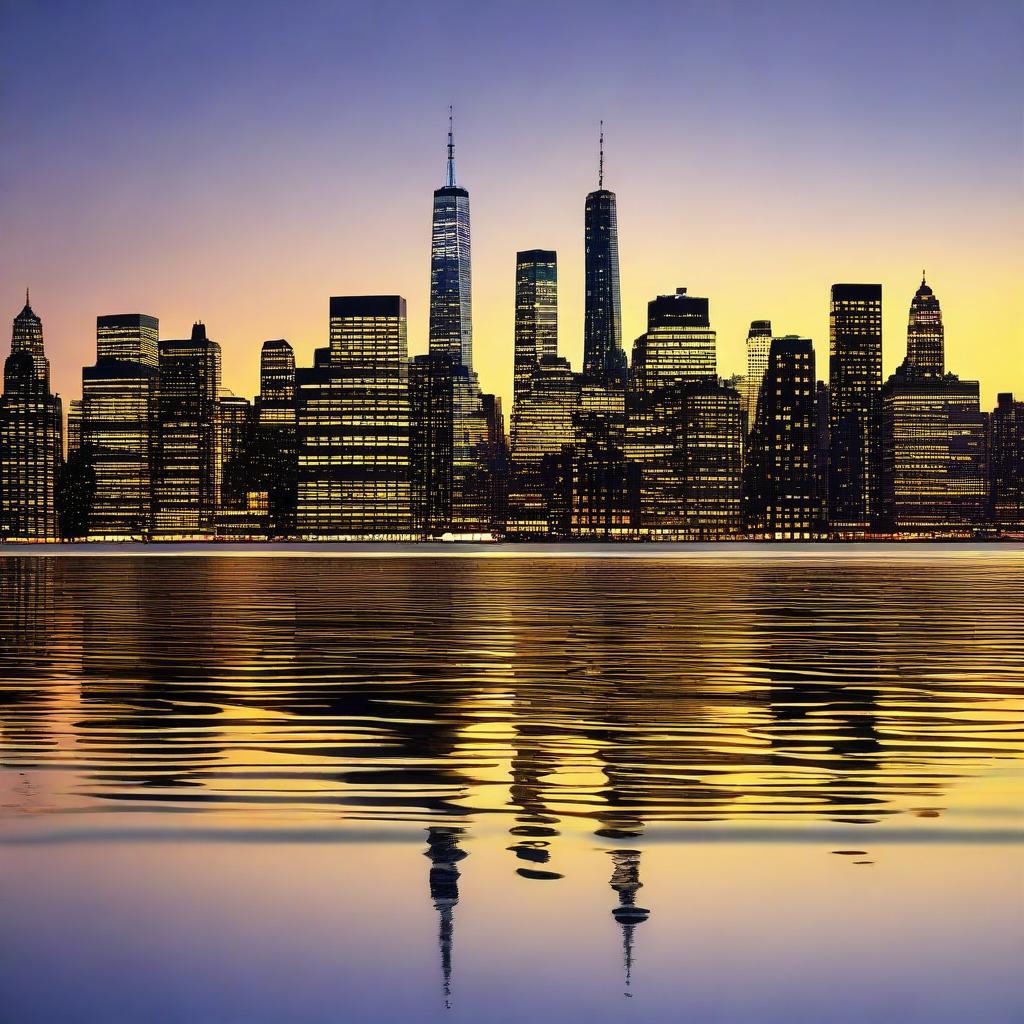 The iconic New York City skyline at dusk, displaying all the radiant lights of the towering skyscrapers, reflecting on the calm waters of the Hudson River.