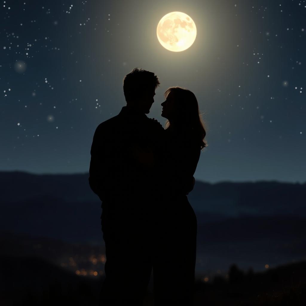 A romantic night scene featuring a couple embracing from behind, surrounded by soft, twinkling stars in the night sky