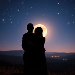 A romantic night scene featuring a couple embracing from behind, surrounded by soft, twinkling stars in the night sky