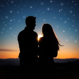 A romantic night scene featuring a couple embracing from behind, surrounded by soft, twinkling stars in the night sky
