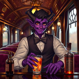A handsome tiefling twink character serving drinks as a bartender on a luxurious train