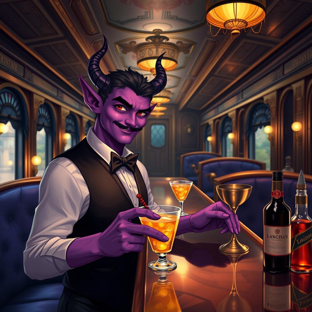 A handsome tiefling twink character serving drinks as a bartender on a luxurious train