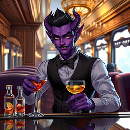 A handsome tiefling twink character serving drinks as a bartender on a luxurious train