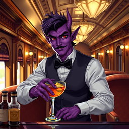 A handsome tiefling twink character serving drinks as a bartender on a luxurious train