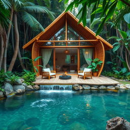 A tranquil jungle setting featuring a modern cabin constructed from bamboo and glass, incorporating various design principles and elements