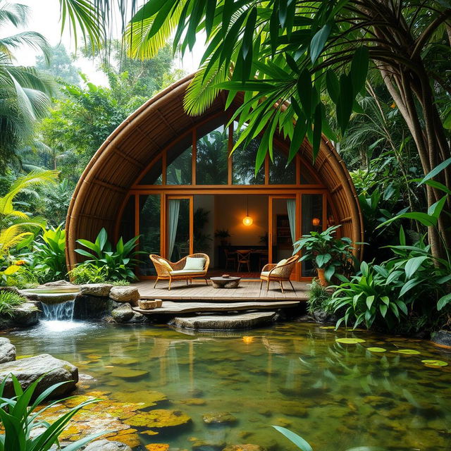 A tranquil jungle setting featuring a modern cabin constructed from bamboo and glass, incorporating various design principles and elements