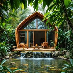A tranquil jungle setting featuring a modern cabin constructed from bamboo and glass, incorporating various design principles and elements