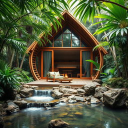 A tranquil jungle setting featuring a modern cabin constructed from bamboo and glass, incorporating various design principles and elements