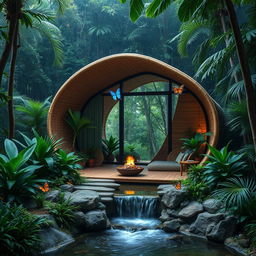 A stunning cabin located in a dense jungle, designed primarily with bamboo and glass, showcasing modern architectural principles
