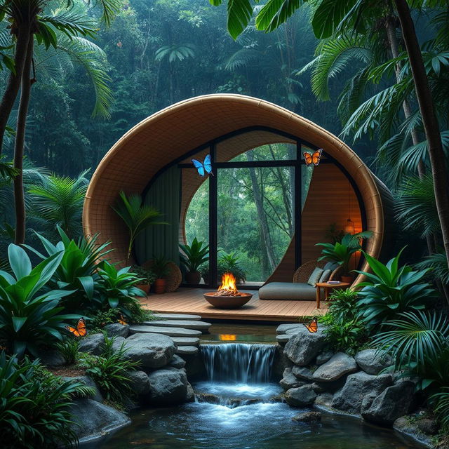 A stunning cabin located in a dense jungle, designed primarily with bamboo and glass, showcasing modern architectural principles