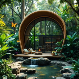 A stunning cabin located in a dense jungle, designed primarily with bamboo and glass, showcasing modern architectural principles