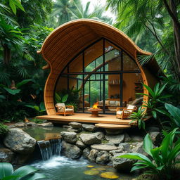 A stunning cabin located in a dense jungle, designed primarily with bamboo and glass, showcasing modern architectural principles