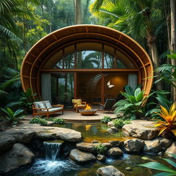 A stunning cabin located in a dense jungle, designed primarily with bamboo and glass, showcasing modern architectural principles