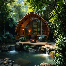 A stunning cabin built from bamboo and glass nestled in a lush jungle setting