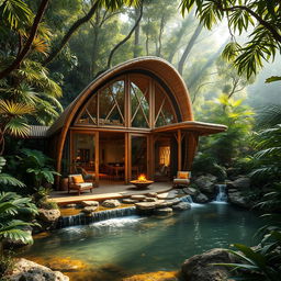 A stunning cabin built from bamboo and glass nestled in a lush jungle setting