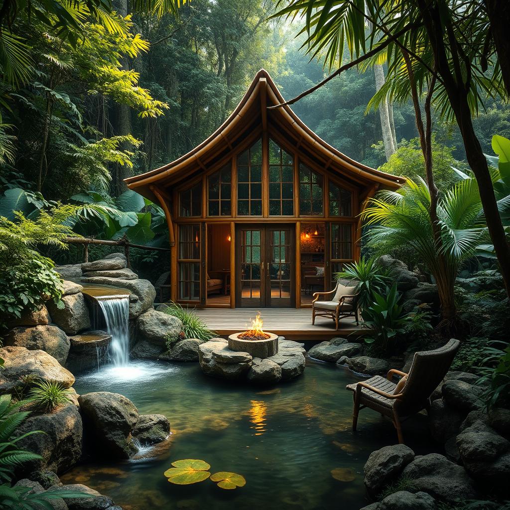 A stunning cabin built from bamboo and glass nestled in a lush jungle setting