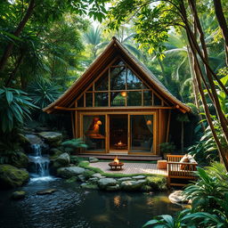 A stunning cabin built from bamboo and glass nestled in a lush jungle setting