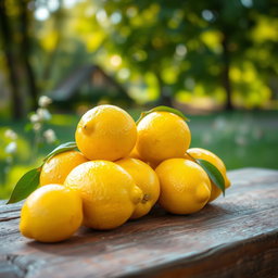 A still life composition featuring vibrant yellow lemons, arranged artistically on a rustic wooden table