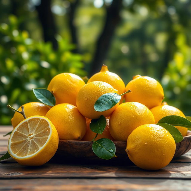 A still life composition featuring vibrant yellow lemons, arranged artistically on a rustic wooden table