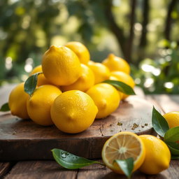 A still life composition featuring vibrant yellow lemons, arranged artistically on a rustic wooden table