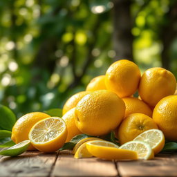 A still life composition featuring vibrant yellow lemons, arranged artistically on a rustic wooden table